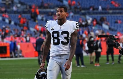 Oct 17, 2021; Denver, Colorado, USA; Las Vegas Raiders tight end Darren Waller (83) celebrates defeating the Denver Broncos at Empower Field at Mile High. Mandatory Credit: Ron Chenoy-USA TODAY Sports