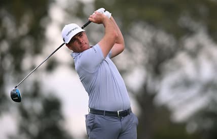 Jan 29, 2022; San Diego, California, USA; Luke List plays his shot from the second tee during the final round of the Farmers Insurance Open golf tournament at Torrey Pines Municipal Golf Course - South Course. Mandatory Credit: Orlando Ramirez-USA TODAY Sports