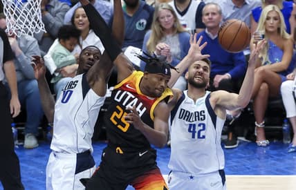 Apr 18, 2022; Dallas, Texas, USA; Dallas Mavericks forward Maxi Kleber (42) grabs a rebound in front of Utah Jazz forward Danuel House Jr. (25) during the second half in game two of the first round of the 2022 NBA playoffs at American Airlines Center. Mandatory Credit: Kevin Jairaj-USA TODAY Sports