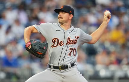 Jul 11, 2022; Kansas City, Missouri, USA; Detroit Tigers relief pitcher Tyler Alexander (70) pitches against the Kansas City Royals during the third inning at Kauffman Stadium. Mandatory Credit: Jay Biggerstaff-USA TODAY Sports