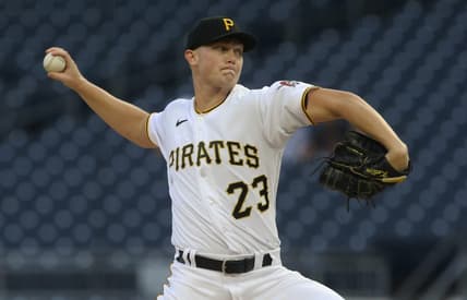 Sep 6, 2022; Pittsburgh, Pennsylvania, USA;  Pittsburgh Pirates starting pitcher Mitch Keller (23) delivers a pitch against the New York Mets during the first inning at PNC Park. Mandatory Credit: Charles LeClaire-USA TODAY Sports
