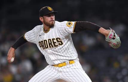 Oct 3, 2022; San Diego, California, USA; San Diego Padres starting pitcher Joe Musgrove (44) throws a pitch against the San Francisco Giants during the first inning at Petco Park. Mandatory Credit: Orlando Ramirez-USA TODAY Sports
