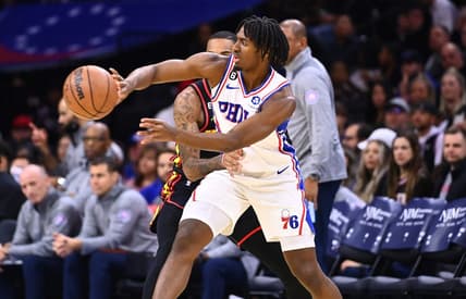 Nov 12, 2022; Philadelphia, Pennsylvania, USA; Philadelphia 76ers guard Tyrese Maxey (0) passes the ball against the Atlanta Hawks in the first quarter at Wells Fargo Center. Mandatory Credit: Kyle Ross-USA TODAY Sports