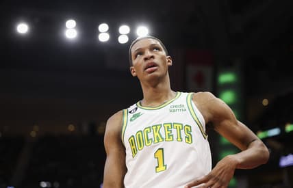 Nov 18, 2022; Houston, Texas, USA; Houston Rockets forward Jabari Smith Jr. (1) reacts after a play during the second quarter against the Indiana Pacers at Toyota Center. Mandatory Credit: Troy Taormina-USA TODAY Sports