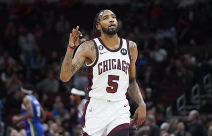 Dec 10, 2022; Chicago, Illinois, USA; Chicago Bulls forward Derrick Jones Jr. (5) gestures after making a three point basket against the Dallas Mavericks during the second half at United Center. Mandatory Credit: David Banks-USA TODAY Sports
