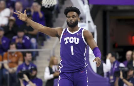 Mar 1, 2023; Fort Worth, Texas, USA;  TCU Horned Frogs guard Mike Miles Jr. (1) reacts after a score during the first half against the Texas Longhorns at Ed and Rae Schollmaier Arena. Mandatory Credit: Kevin Jairaj-USA TODAY Sports