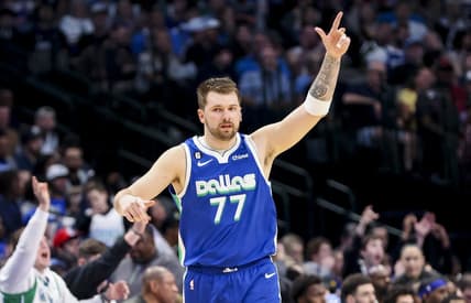 Mar 2, 2023; Dallas, Texas, USA;  Dallas Mavericks guard Luka Doncic (77) reacts during the second half against the Philadelphia 76ers at American Airlines Center. Mandatory Credit: Kevin Jairaj-USA TODAY Sports