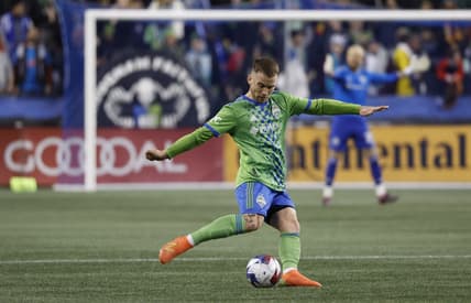 Mar 4, 2023; Seattle, Washington, USA; Seattle Sounders midfielder Albert Rusnak (11) controls the ball against the Real Salt Lake during the game at Lumen Field. Mandatory Credit: Joe Nicholson-USA TODAY Sports