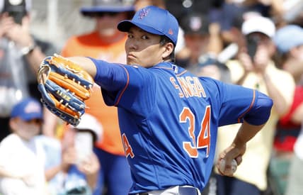 Mar 5, 2023; Jupiter, Florida, USA; New York Mets starting pitcher Kodai Senga (34) warms up against the St. Louis Cardinals at Roger Dean Stadium. Mandatory Credit: Rhona Wise-USA TODAY Sports