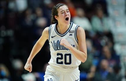 Mar 5, 2023; Uncasville, CT, USA; Villanova Wildcats forward Maddy Siegrist (20) reacts after her basket against the Creighton Bluejays in the second half at Mohegan Sun Arena. Mandatory Credit: David Butler II-USA TODAY Sports
