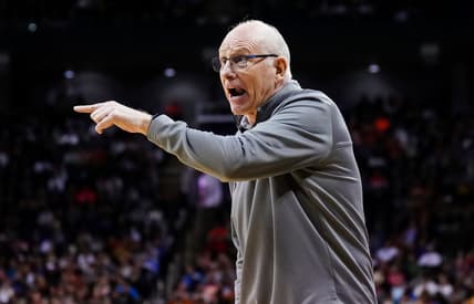 Mar 26, 2023; Kansas City, MO, USA; Miami (Fl) Hurricanes head coach Jim Larranaga reacts during the first half of an Elite 8 college basketball game in the Midwest Regional of the 2023 NCAA Tournament against the Texas Longhorns at T-Mobile Center. Mandatory Credit: Jay Biggerstaff-USA TODAY Sports
