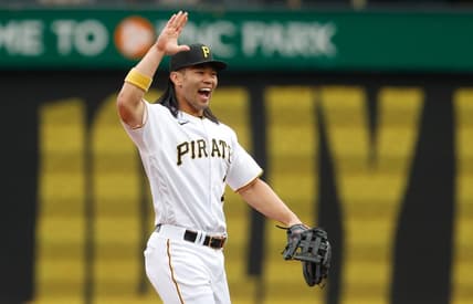 Apr 23, 2023; Pittsburgh, Pennsylvania, USA;  Pittsburgh Pirates right fielder Connor Joe (2) reacts after the Pirates defeated the Cincinnati Reds at PNC Park. Mandatory Credit: Charles LeClaire-USA TODAY Sports
