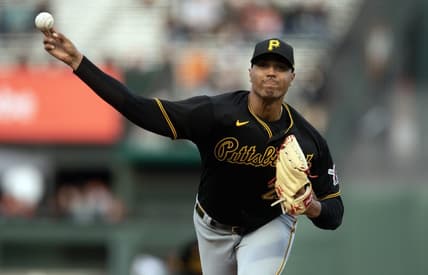 May 30, 2023; San Francisco, California, USA; Pittsburgh Pirates starting pitcher Johan Oviedo (24) pitches against the San Francisco Giants during the first inning at Oracle Park. Mandatory Credit: D. Ross Cameron-USA TODAY Sports