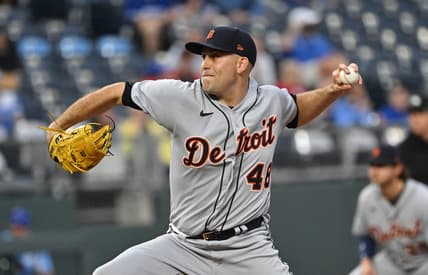 May 24, 2023; Kansas City, Missouri, USA; Detroit Tigers starting pitcher Matthew Boyd (48) delivers a pitch during the first inning against the Kansas City Royals at Kauffman Stadium. Mandatory Credit: Peter Aiken-USA TODAY Sports