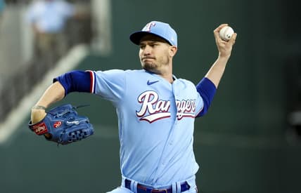 Jul 2, 2023; Arlington, Texas, USA; Texas Rangers starting pitcher Andrew Heaney (44) throws during the first inning against the Houston Astros at Globe Life Field. Mandatory Credit: Kevin Jairaj-USA TODAY Sports
