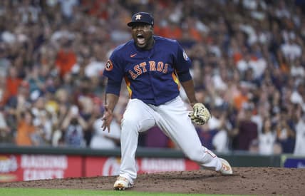 Jul 8, 2023; Houston, Texas, USA; Houston Astros relief pitcher Hector Neris (50) reacts after getting a strikeout during the eighth inning against the Seattle Mariners at Minute Maid Park. Mandatory Credit: Troy Taormina-USA TODAY Sports