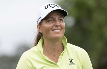 Apr 20, 2023; The Woodlands, Texas, USA; Perrine Delacour (FRA) reacts after hitting off the fourth tee during the first round of The Chevron Championship golf tournament. Mandatory Credit: Thomas Shea-USA TODAY Sports