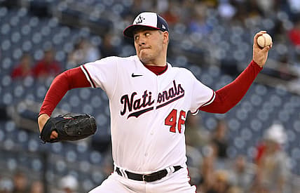 Jun 28, 2022; Washington, District of Columbia, USA; Washington Nationals starting pitcher Patrick Corbin (46) throws to the Pittsburgh Pirates during the first inning at Nationals Park. Mandatory Credit: Brad Mills-USA TODAY Sports