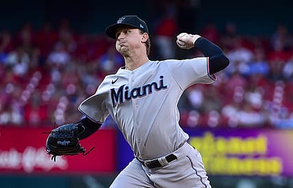 Jun 28, 2022; St. Louis, Missouri, USA;  Miami Marlins starting pitcher Braxton Garrett (60) pitches against the St. Louis Cardinals during the first inning at Busch Stadium. Mandatory Credit: Jeff Curry-USA TODAY Sports