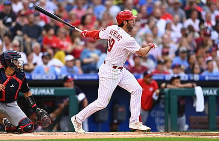Aug 6, 2022; Philadelphia, Pennsylvania, USA; Philadelphia Phillies outfielder Matt Vierling (19) hits a three run home run against the Washington Nationals in the first inning at Citizens Bank Park. Mandatory Credit: Kyle Ross-USA TODAY Sports