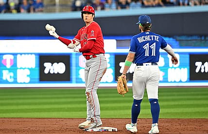Jul 29, 2023; Toronto, Ontario, CAN; Los Angeles Angels designated hitter Shohei Ohtani (17) reacts after hitting a double against the Toronto Blue Jays in the third inning at Rogers Centre. Mandatory Credit: Dan Hamilton-USA TODAY Sports