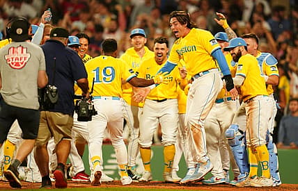 Aug 7, 2023; Boston, Massachusetts, USA; Boston Red Sox shortstop Pablo Reyes (19) is greeted at home plate after hitting a home run with the bases loaded to end the game against the Kansas City Royals in the ninth inning at Fenway Park. Mandatory Credit: David Butler II-USA TODAY Sports