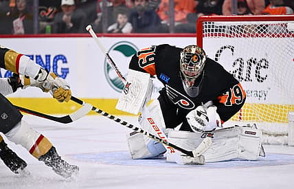 Nov 18, 2023; Philadelphia, Pennsylvania, USA; Philadelphia Flyers goalie Carter Hart (79) makes a save against the Vegas Golden Knights in the third period at Wells Fargo Center. Mandatory Credit: Kyle Ross-USA TODAY Sports