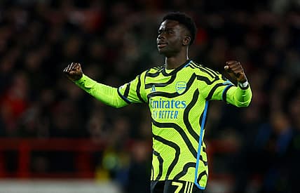 Soccer Football - Premier League - Nottingham Forest v Arsenal - The City Ground, Nottingham, Britain - January 30, 2024 Arsenal's Bukayo Saka celebrates scoring their second goal Action Images via Reuters/Lee Smith