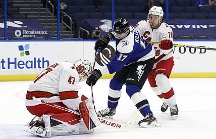 Feb 25, 2021; Tampa, Florida, USA; Tampa Bay Lightning left wing Alex Killorn (17) shoots as Carolina Hurricanes goaltender James Reimer (47) makes a save during the first period at Amalie Arena. Mandatory Credit: Kim Klement-USA TODAY Sports