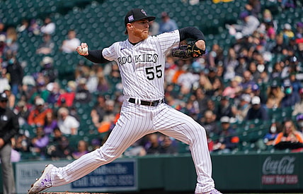 May 5, 2021; Denver, Colorado, USA; Colorado Rockies starting pitcher Jon Gray (55) delivers a pitch during the first inning against the San Francisco Giants at Coors Field. Mandatory Credit: Troy Babbitt-USA TODAY Sports