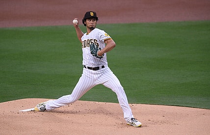May 17, 2021; San Diego, California, USA; San Diego Padres starting pitcher Yu Darvish (11) pitches against the Colorado Rockies during the first inning at Petco Park. Mandatory Credit: Orlando Ramirez-USA TODAY Sports