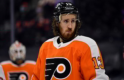 Apr 17, 2021; Philadelphia, Pennsylvania, USA; Philadelphia Flyers center Kevin Hayes (13) looks on in the third period against the Washington Capitals at Wells Fargo Center. Mandatory Credit: Kyle Ross-USA TODAY Sports