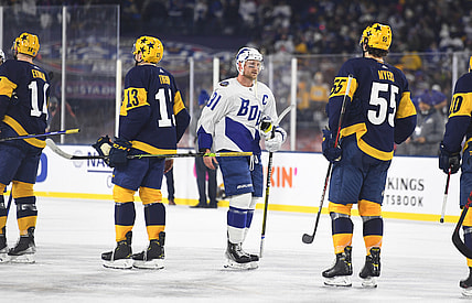 Feb 26, 2022; Nashville, Tennessee, USA; Tampa Bay Lightning center Steven Stamkos (91) leads the team through the hand shake line after a win against the Nashville Predators in a Stadium Series ice hockey game at Nissan Stadium. Mandatory Credit: Christopher Hanewinckel-USA TODAY Sports