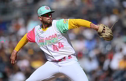 Jul 30, 2022; San Diego, California, USA; San Diego Padres starting pitcher Joe Musgrove (44) throws a pitch against the Minnesota Twins during the first inning at Petco Park. Mandatory Credit: Orlando Ramirez-USA TODAY Sports