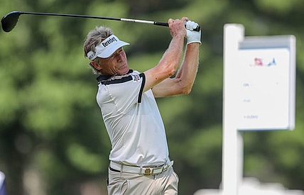 Bernhard Langer holds his follow-through after hitting his tee shot on the 10th hole during the second round for the 2023 U.S. Senior Open on Friday, June 30, 2023, at SentryWorld in Stevens Point, Wis. Tork Mason/USA TODAY NETWORK-Wisconsin