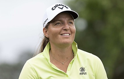 Apr 20, 2023; The Woodlands, Texas, USA; Perrine Delacour (FRA) reacts after hitting off the fourth tee during the first round of The Chevron Championship golf tournament. Mandatory Credit: Thomas Shea-USA TODAY Sports