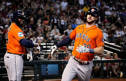 Oct 1, 2023; Phoenix, AZ, USA; Houston Astros Kyle Tucker (30) hits an inside-the-park home run against the Arizona Diamondbacks in the fifth inning at Chase Field. Mandatory Credit: Rob Schumacher-Arizona Republic