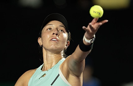 Oct 31, 2023; Cancun, Mexico; Jessica Pegula (USA) tosses the ball to serve during her match against Aryna Sabalenka on day three of the GNP Saguaros WTA Finals Cancun. Mandatory Credit: Susan Mullane-USA TODAY Sports