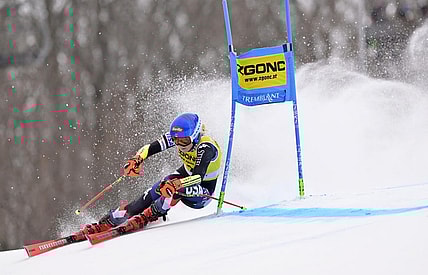 Dec 3, 2023; Mont Tremblant, Quebec, CAN; Mikaela Shiffrin of the United States during the first run of the giant slalom race in the women's alpine skiing World Cup at Mont Tremblant. Mandatory Credit: Eric Bolte-USA TODAY Sports