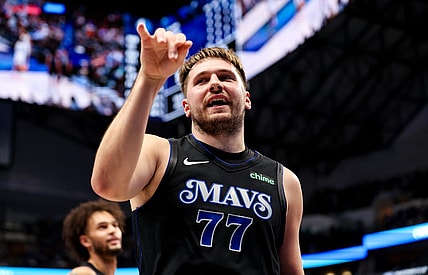 Dec 6, 2023; Dallas, Texas, USA; Dallas Mavericks guard Luka Doncic (77) reacts during the second quarter against the Utah Jazz at American Airlines Center. Mandatory Credit: Kevin Jairaj-USA TODAY Sports