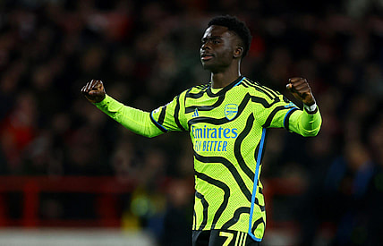 Soccer Football - Premier League - Nottingham Forest v Arsenal - The City Ground, Nottingham, Britain - January 30, 2024 Arsenal's Bukayo Saka celebrates scoring their second goal Action Images via Reuters/Lee Smith