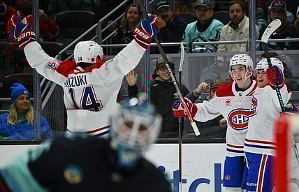 NHL: Montreal Canadiens at Seattle Kraken, cole caufield, nick suzuki, lane hutson