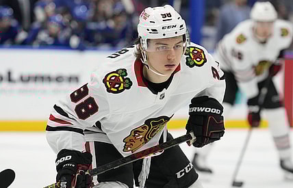 Chicago Blackhawks center Connor Bedard (98) against the Tampa Bay Lightning during the third period of an NHL hockey game Tuesday, Jan. 28, 2025, in Tampa, Fla. (AP Photo/Chris O'Meara)