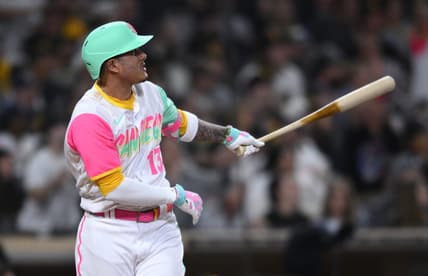Oct 1, 2022; San Diego, California, USA; San Diego Padres third baseman Manny Machado (13) watches his home run against the Chicago White Sox during the seventh inning at Petco Park. Mandatory Credit: Orlando Ramirez-USA TODAY Sports
