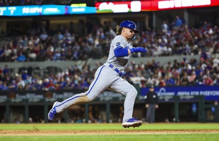 Apr 11, 2023; Arlington, Texas, USA;  Kansas City Royals shortstop Bobby Witt Jr. (7) rounds third base and scores during the eighth inning against the Texas Rangers at Globe Life Field. Mandatory Credit: Kevin Jairaj-USA TODAY Sports