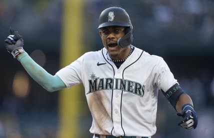 Jun 26, 2023; Seattle, Washington, USA; Seattle Mariners centerfielder Julio Rodriguez (44) celebrates ater hitting an RBI-single during the fourth inning against the Washington Nationals at T-Mobile Park. Mandatory Credit: Stephen Brashear-USA TODAY Sports