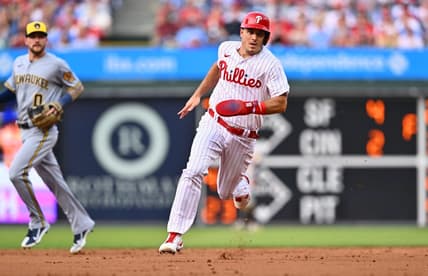 Jul 18, 2023; Philadelphia, Pennsylvania, USA; Philadelphia Phillies catcher J.T. Realmuto (10) advances to third against the Milwaukee Brewers in the second inning at Citizens Bank Park. Mandatory Credit: Kyle Ross-USA TODAY Sports