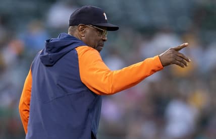 Jul 22, 2023; Oakland, California, USA; Houston Astros manager Dusty Baker Jr. summons a relief pitcher during the sixth inning against the Oakland Athletics at Oakland-Alameda County Coliseum. Mandatory Credit: D. Ross Cameron-USA TODAY Sports