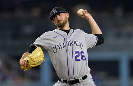 Aug 11, 2023; Los Angeles, California, USA;  Colorado Rockies starting pitcher Austin Gomber (26) delivers in the third inning against the Los Angeles Dodgers at Dodger Stadium. Mandatory Credit: Jayne Kamin-Oncea-USA TODAY Sports