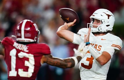Sep 9, 2023; Tuscaloosa, Alabama, USA; Texas Longhorns quarterback Quinn Ewers (3) passing against the Alabama Crimson Tide during the third quarter at Bryant-Denny Stadium. Mandatory Credit: John David Mercer-USA TODAY Sports